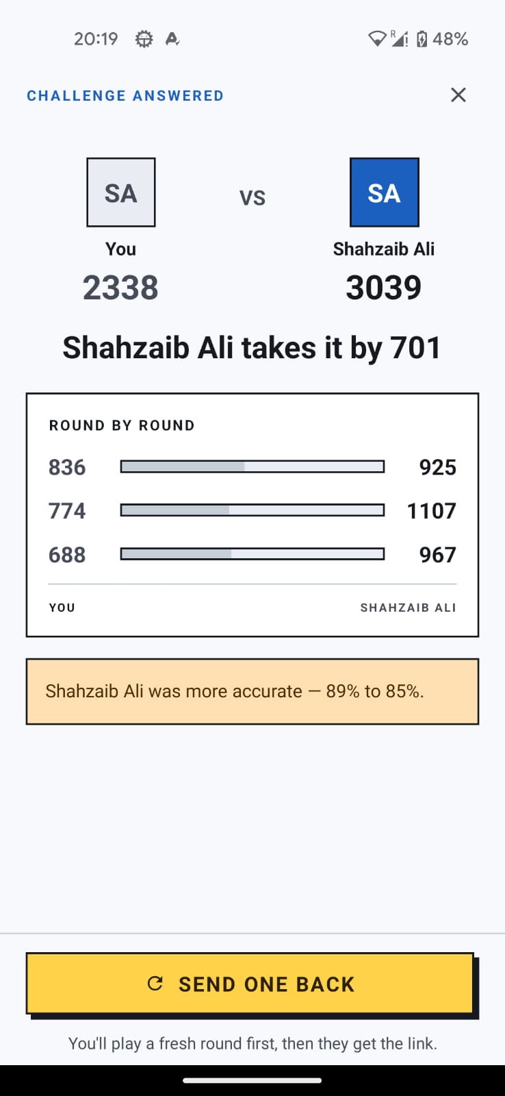 Duel result screen comparing two players' scores