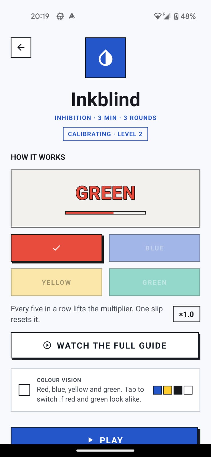 Inkblind game screen showing the word GREEN printed in red ink