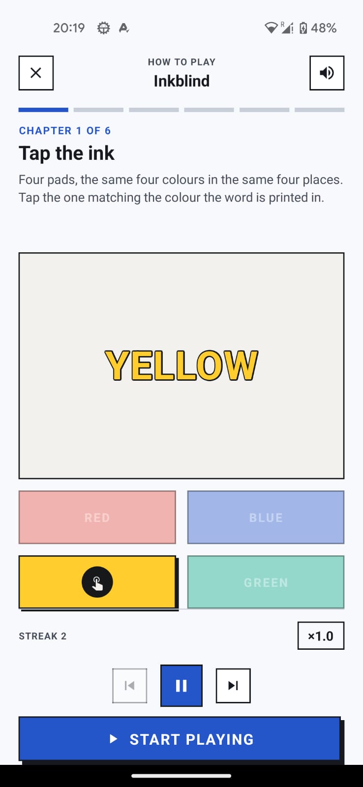 Inkblind tutorial showing the word YELLOW printed in yellow ink with four colour-tap buttons