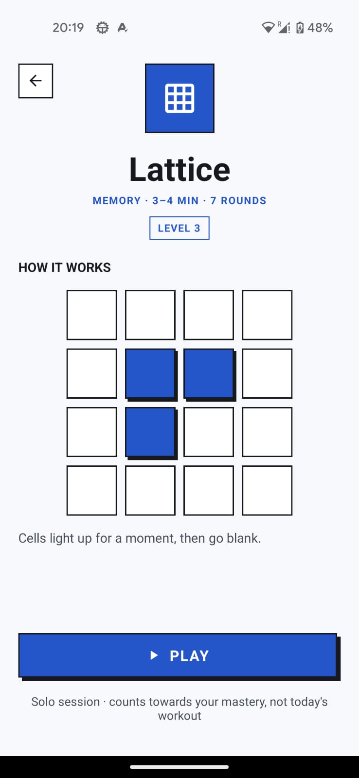 Lattice game intro screen showing a 4x4 grid with three cells lit