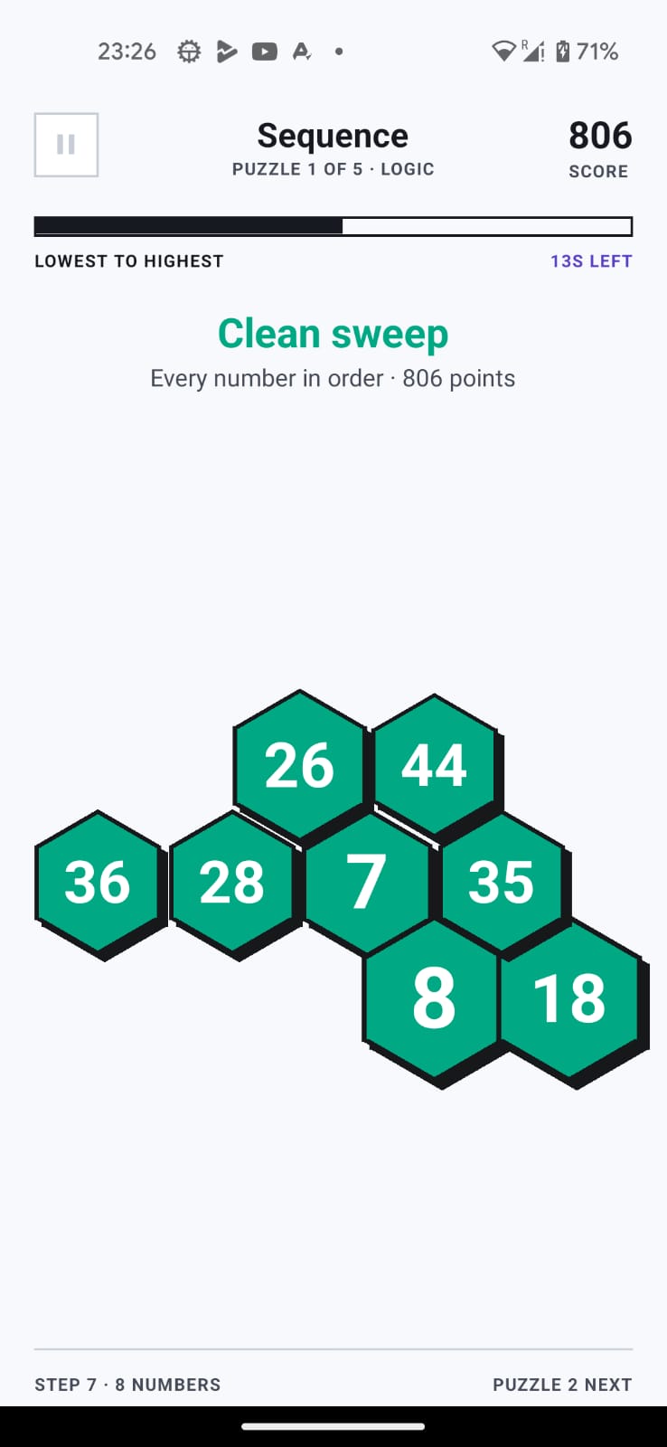 Sequence gameplay showing a cleared puzzle with all hexes turned green