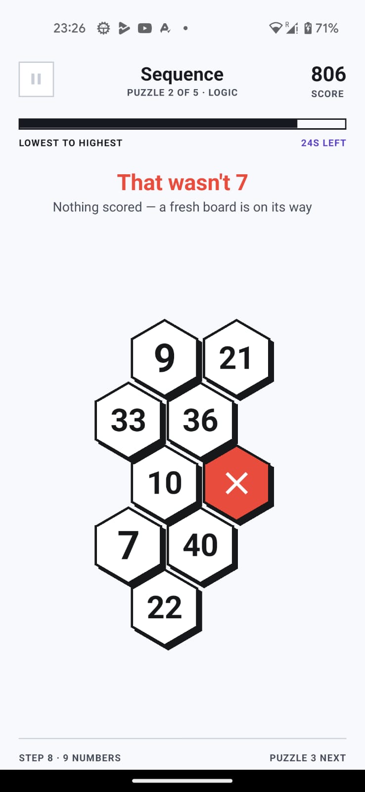 Sequence gameplay showing a wrong tap ending the puzzle