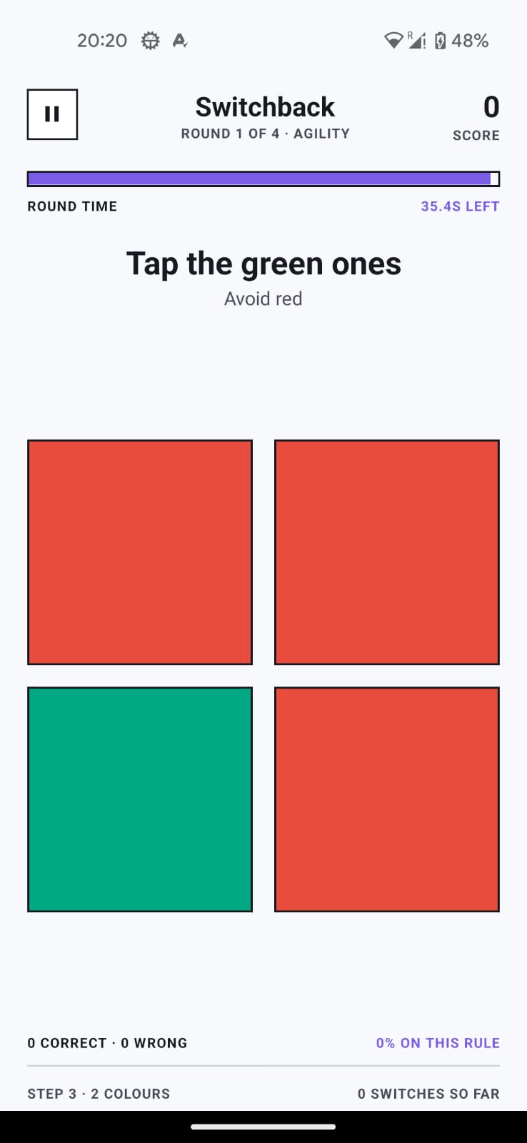 Switchback gameplay showing the current rule and a grid of colour tiles