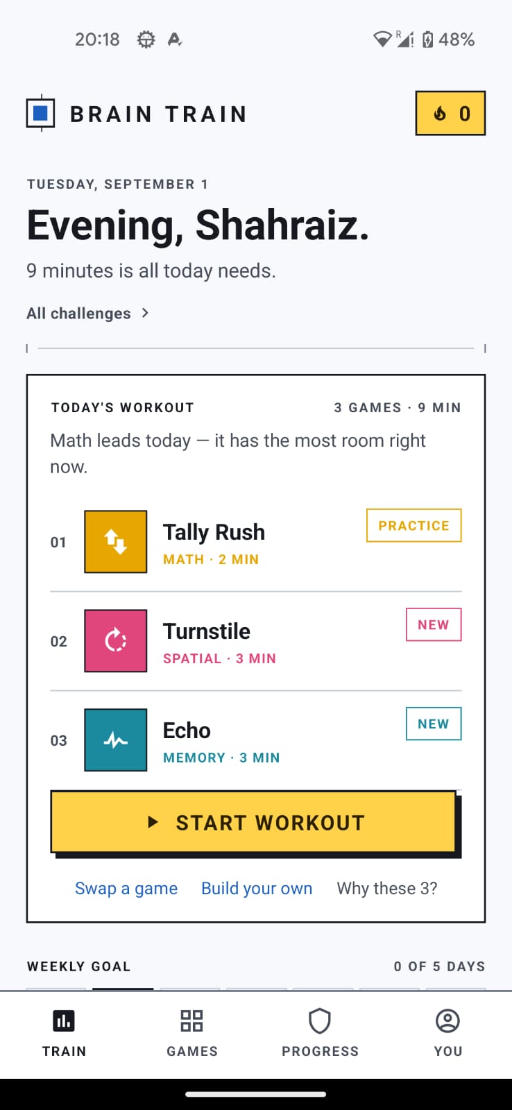 Today's Workout screen listing three games