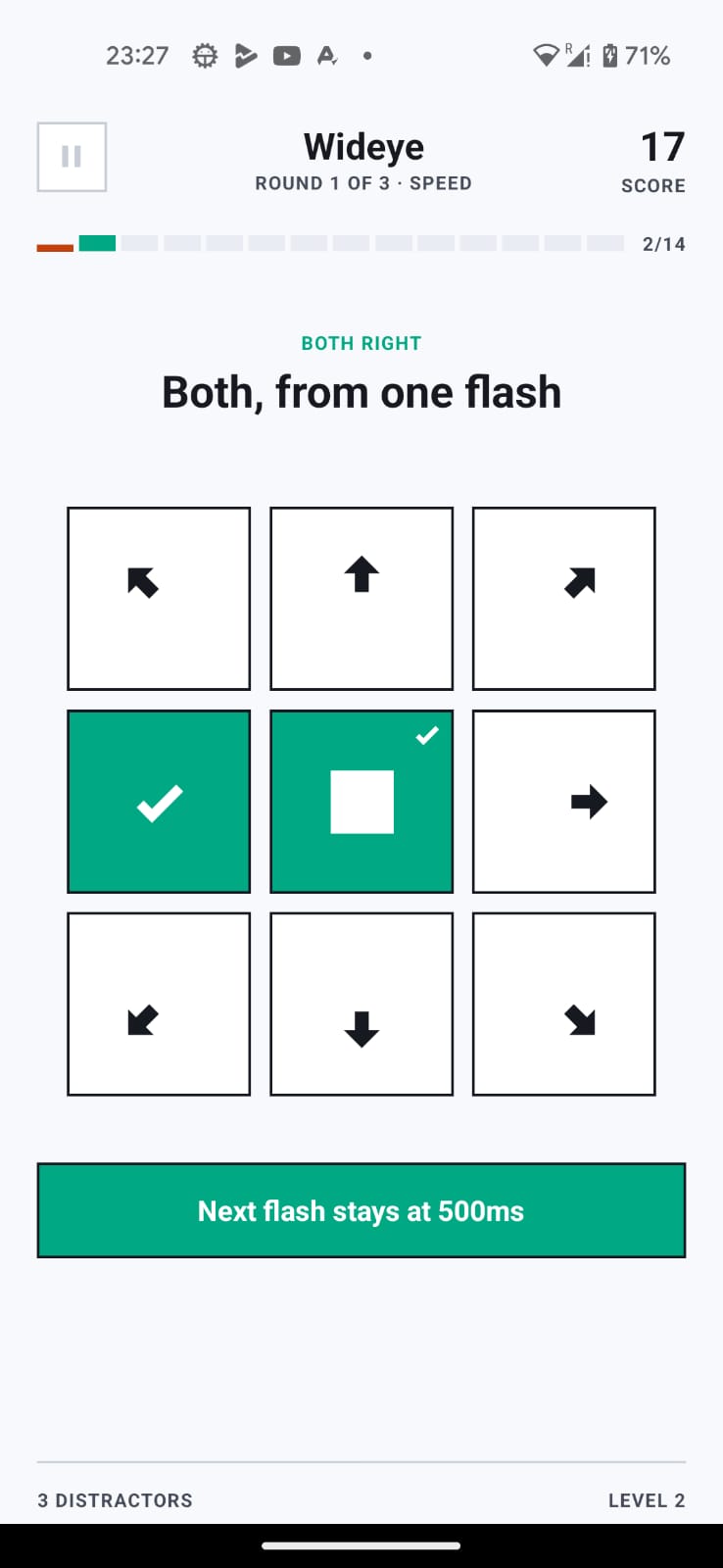 Wideye result screen showing both the shape and edge answer marked correct